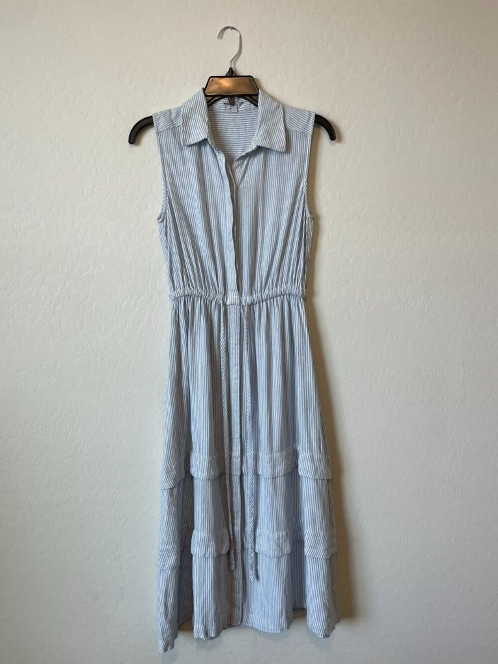 Rails white and blue vertical striped dress, button-up front and tiered skirt S